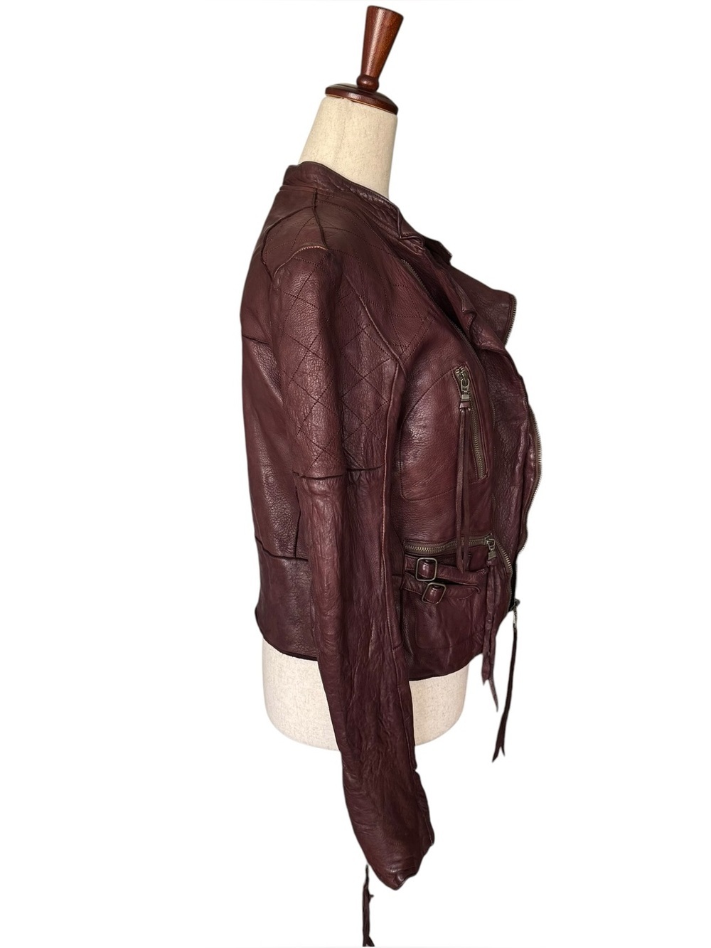 Vintage y2k Christian Peau Burgundy Goat Leather Moto Jacket sz 38 - Picture 4 of 16